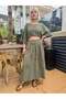 Khaki Color Batwing Blouse and Corsage Skirt Muslin Set - 4