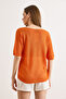 Women's Orange V-Neck Mercerized Bat Draped Knitwear Blouse Blz-19003210 - 6