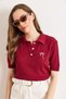 Women's Burgundy Bow Embroidered Polo Collar Hair Knit Seasonal Knitwear Blouse Blz-19003222 - 4