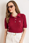 Women's Burgundy Bow Embroidered Polo Collar Hair Knit Seasonal Knitwear Blouse Blz-19003222 - 2