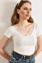 Women's White Collared Lace Flexible Viscose Ribbed Blouse Blz-19003287 - 5