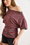 Women's Anthracite Claret Red Drape Detailed Striped Viscose Blouse Blz-19003290 - 3