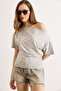 Women's Gray White Drape Detailed Striped Viscose Blouse Blz-19003290