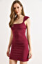 Women's Burgundy Back Zipper Drape Detailed Mini Dress Elb-19002626