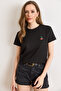 Women's Black Knitted Modal Cherry Embroidered Flowy T-Shirt Tsh-19000976 - 3