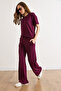 Women's Burgundy Sequin Detailed Modal Buttoned Top and Bottom Set Tkm-19000478