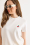 Women's White Knitted Modal Cherry Embroidered Flowy T-Shirt Tsh-19000976 - 4