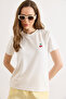 Women's White Knitted Modal Cherry Embroidered Flowy T-Shirt Tsh-19000976 - 3