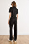 Women's Black Polo Collar Top and Bottom Set with Viscose Content Tkm-19000483 - 6