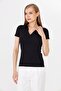 Women's Black Polo Collar Ribbed Casual Blouse - H6038 - 2