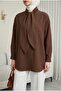 Oversized Poplin Shirt with Tie Collar and Buttons - Brown