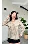 V-Neck Ruffled Buttoned Linen Shirt with Gathered Sleeves and Detailing - 2