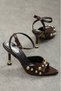 Women's Gold Studded Detailed Thin Heeled Ankle Strap Sandals