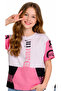 Girl's Text Patterned Short Sleeve T-Shirt with Kangaroo Pocket - 3