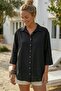 Black Shirt Collar 3/4 Sleeve Buttoned Pocketless Washable 100% Linen Oversize Woven Shirt 75 63 - 4