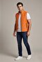 Orange Stand Collar Zippered Quilted Genuine Leather Puffer Vest