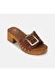 Women's Tan Leather Slippers with Metal Buckle Detail and Thick Heel - 6