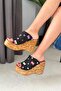 Women's Lady Black Denim 10 cm Padded Written Cork Sole Slipper K-401 - 6