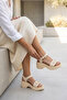 Beige Genuine Leather Women's Platform Heeled Sandals Size 37 Ankle Strap Platform Heel Buckle - 8