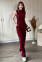 High Collar Gathered Waist Asymmetrical Trousers Blouse Burgundy Set - 8