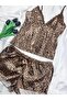 Leopard Patterned Satin Lace Detailed Strappy Shorts Pajama Nightgown Set - 5