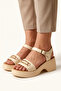 Beige Genuine Leather Women's Platform Heeled Sandals Size 37 Ankle Strap Platform Heel Buckle