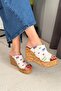 Women's Lady White Denim 10 cm Padded Written Cork Sole Slipper K-401 - 6