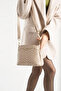 Women's Beige V Quilted Stitching Design 3-Compartment Leather Lined Crossbody Bag - 3