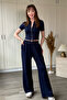 Zippered Shirt Collar Modal Fabric Cardigan Navy Blue Set - 2