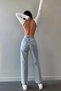 Women's Ice Snow Wash Blue Lycra Super High Waist Loose Jeans Palazzo Trousers - 3