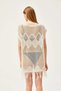 Women's Beige Crew Neck Sleeveless Openwork Knit Tassel Bohemian Short Mini Beach Dress Pareo - 5