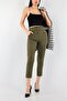 Khaki Belted Atlas Dabıl Fabric Carrot Trousers 100 cm