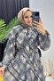 Women's Blue Plaid Pattern Collar Tie Detailed Tulle Fabric Hijab Dress Nms087 - 2