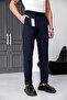 Men's Navy Blue Relaxed Fit Elastic Waist Lace-Up Jogger Fabric Trousers with Side Pockets