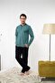 Men's Long Sleeve Buttoned Cotton Seasonal Green Pajama Set - 3
