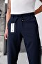 Men's Navy Blue Relaxed Fit Elastic Waist Lace-Up Jogger Fabric Trousers with Side Pockets - 8