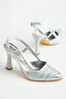 Women's Silver Open-Back High Heel Stiletto Shoes with Striped Stones