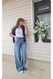 Stone Detailed Lycra-Free Palazzo Jean - Blue High Waist Wide Leg Jean Pants - 4