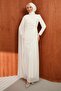 Ecru Draped Evening Dress with Pearl Detail - 2