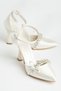 Women's Cream Semi-Closed Ankle Strap Ribbon and Stone High Heel Stiletto Shoes