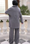 Gray Collared Zippered Tunic with Stone Detail and Trousers Set - 2