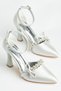Women's Silver Semi-Closed Ankle Strap Ribbon and Stone High Heel Stiletto Shoes - 2