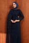 Navy Blue Draped Evening Dress with Pearl Detail - 2