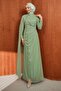Green Draped Evening Dress with Pearl Detail
