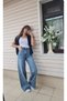 Stone Detailed Lycra-Free Palazzo Jean - Blue High Waist Wide Leg Jean Pants - 2