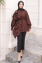 Brown Buttoned Flounce Lace-Up Tunic Shirt - 2
