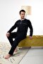 Men's Long Sleeve Buttoned Pocketed Cotton Seasonal Navy Blue Gray Piping Pajama Set - 2