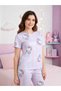 Crew Neck Pink Purple Striped Cute Cat Pattern Long Shorts Women's Pajama Set Summer Fabric