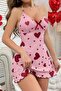 Pink Heart Patterned Thin Strap Cotton Women's Nightgown - 5