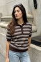 Women's Striped Short Sleeve Polo Collar Buttoned Knitwear Sweater Brown 26S3041 - 4